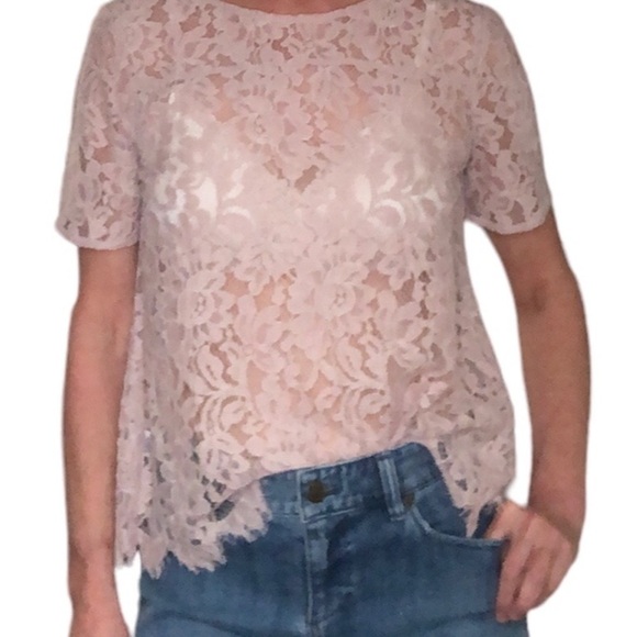LOFT Eyelet Lace Overlay Hyper-feminine Pink Short Sleeve Blouse size S - Picture 2 of 7